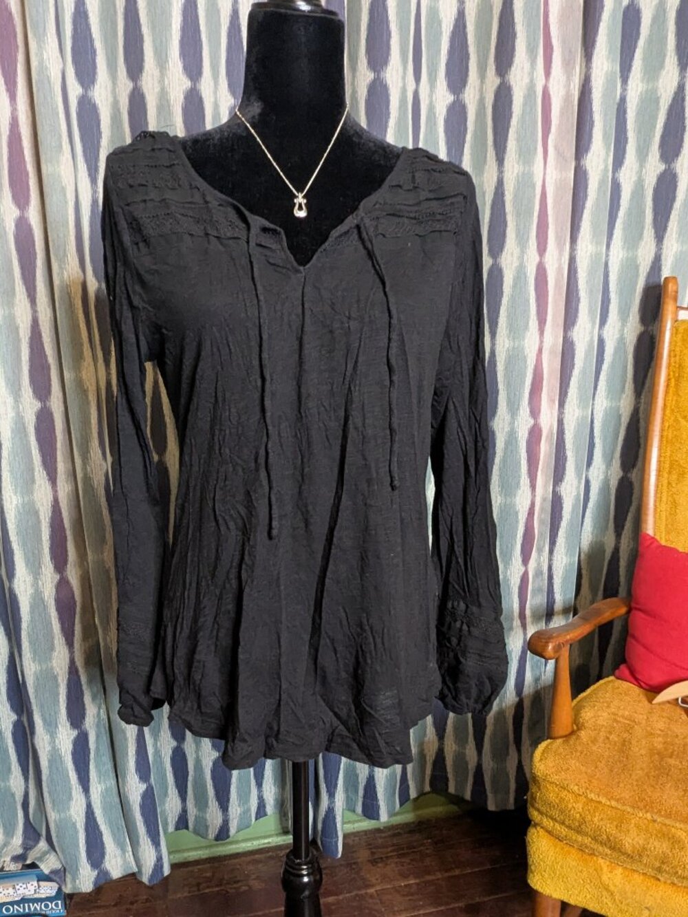 Lucky Brand Black Boho Peasant Top Long Sleeve Size Large